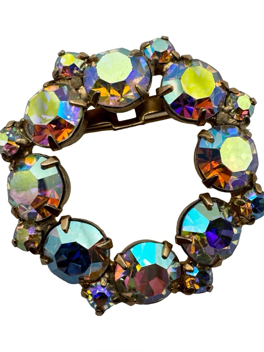 Vintage Coro Gold Tone‎ Aurora Borealis Rhinestone Wreath Brooch Pin AB